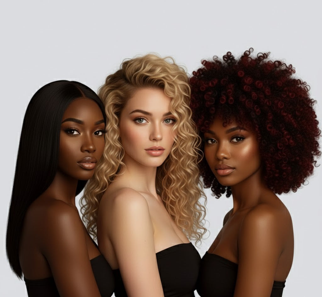 Three women with different hair types standing together against a plain background